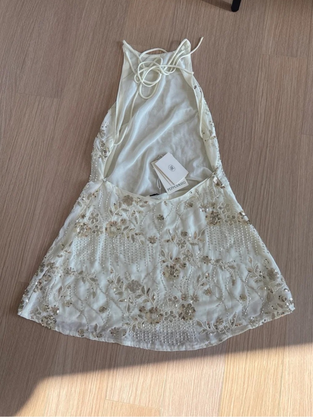 Peppermayo Cream Halter Mini Dress with Gold Floral Beading - Picture 8 of 11